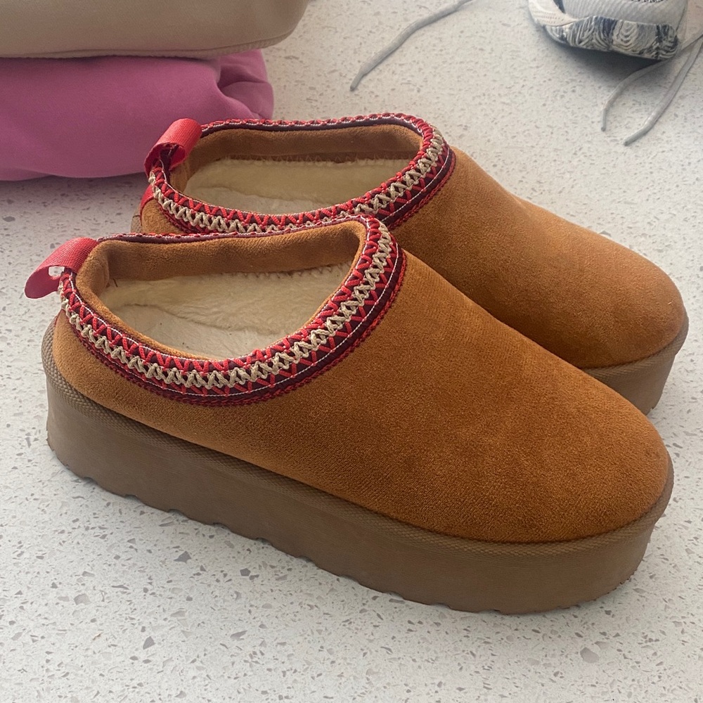 Brown Suede Slip-On Platform Shoes